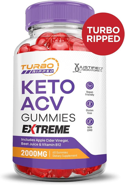 (2 Pack) Turbo Ripped Keto ACV Gummies Extreme 2000MG Turbo Ripped Keto Gummies Apple Cider Vinegar Formulated with Pomegranate Beet Juice Powder B12 Vegan Non GMO 120 Gummys