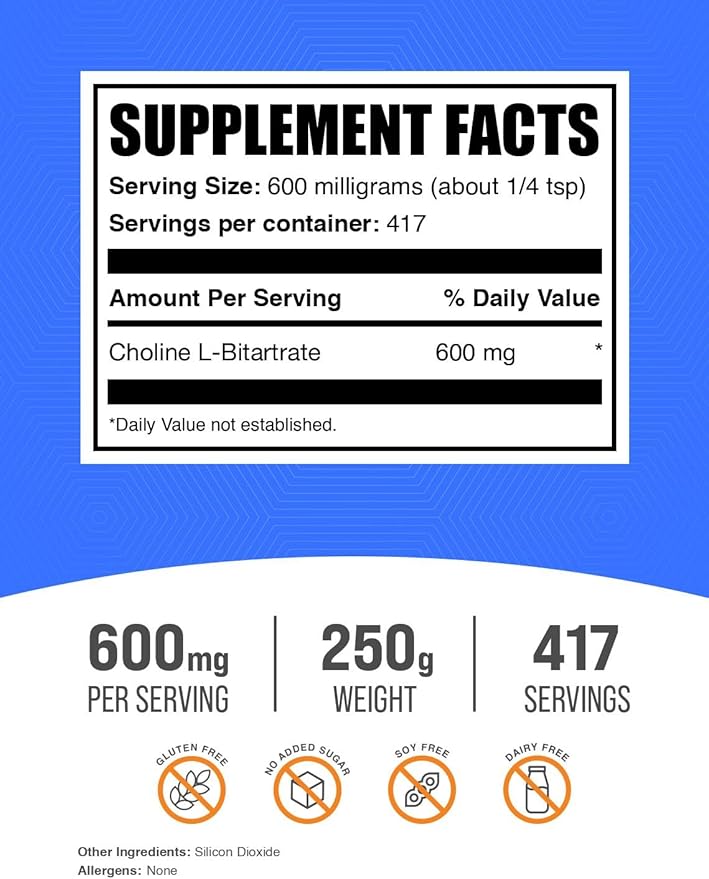 BulkSupplements.com Choline Bitartrate Powder - as Choline L-Bitartrate, Choline Supplement, Choline 600mg - Gluten Free, 600mg per Serving, 250g (8.8 oz) (Pack of 1)