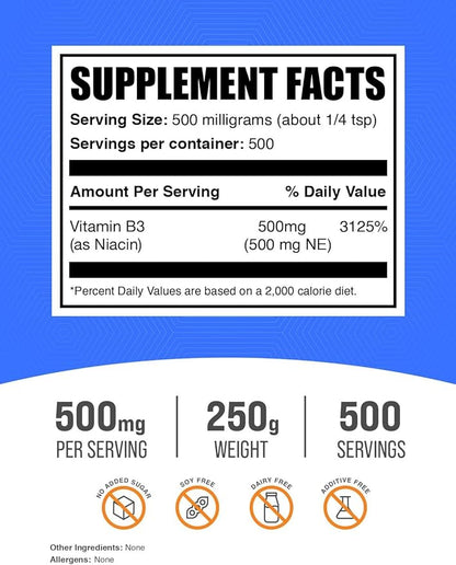 BulkSupplements.com Niacin Powder - Vitamin B3 Supplement, Niacin 500mg - Niacin Flush, Niacin with Flushing - Gluten Free, 500mg of Niacin per Serving, 250g (8.8 oz) (Pack of 1)