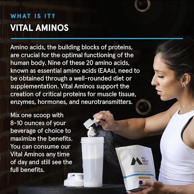 Momentous Vital Aminos Powder Supplement - BCAA & EAA, Tropical Punch - NSF Certified, GMO-Free, Gluten Free, 30 Servings (Package May Vary)
