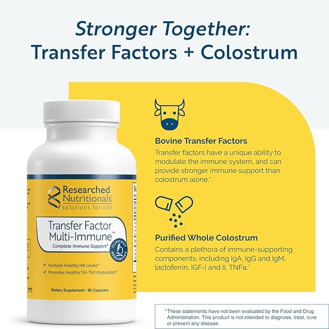 Researched Nutritionals Transfer Factor Multi-Immune - Complete Immune Support with Zinc, Beta Glucan, Mushrooms Supplement & Colostrum Capsules - Backed by Peer Reviewed Clinical Research (90 Count)