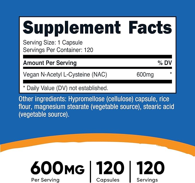 Nutricost N-Acetyl L-Cysteine (NAC) 600mg, 120 Vegetarian Capsules - Non-GMO, Gluten Free, Vegetarian Caps