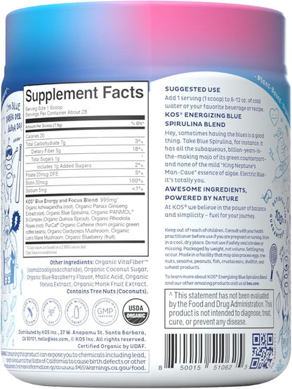 KOS Energizing Blue Spirulina Blend - USDA Certified Organic - B Vitamins, Ashwagandha, Ginseng, Adaptogens, Biotin - Vegan Pre Workout Powder - Caffeinated, Berry Flavored, 28 Servings