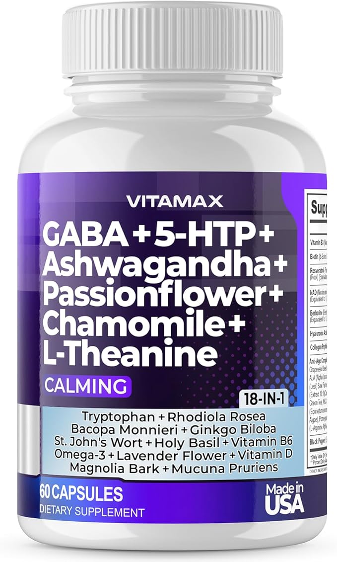 GABA 500mg 5 HTP 150mg Ginkgo Biloba L Tryptophan 500mg L Theanine 200mg Ashwagandha 2000mg - Calming Vitamins for Men and Women with - Made in USA (60 Count (Pack of 1))
