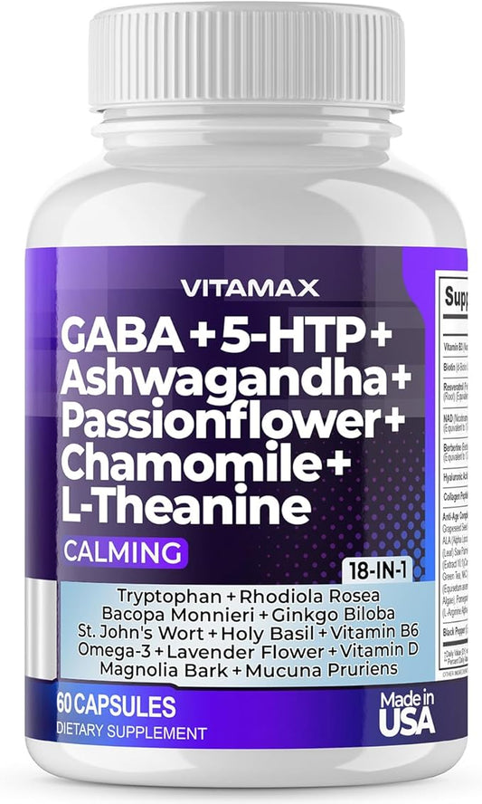 GABA 500mg 5 HTP 150mg Ginkgo Biloba L Tryptophan 500mg L Theanine 200mg Ashwagandha 2000mg - Calming Vitamins for Men and Women with - Made in USA (60 Count (Pack of 1))