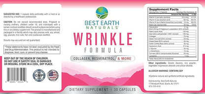 Best Earth Naturals Wrinkle Formula with Hyaluronic Acid, Niacinamide, Multi Vitamin, Collagen for Women or Men - Skin Vitamins Supplement -30 Day Supply (30 Capsules)