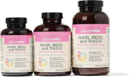 NatureWise Hair Skin and Nails Vitamin, Biotin 5000mcg w/Hyaluronic Acid, Collagen for Women with C, B Complex, D3, A, E, Iron - Non-GMO, Gluten Free - 270 Softgels[3-Month Supply]