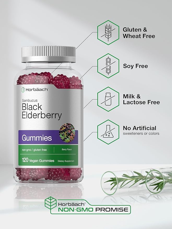 Horbaach Black Elderberry Gummies | 120 Count | Sambucus Extract | with Zinc and Vitamin C | Berry Flavor | Vegan, Non-GMO, and Gluten Free Supplement for Adults