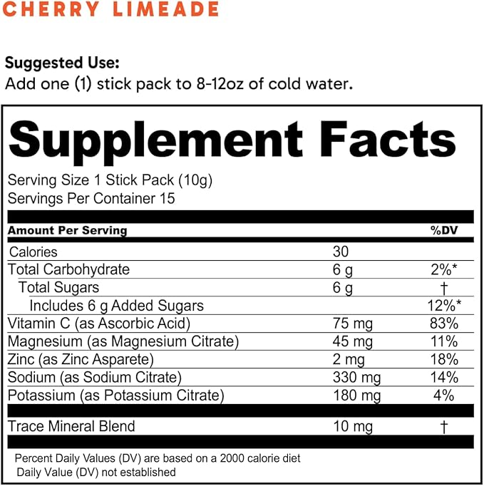 Hydrate Electrolyte Drink Mix | Cherry Limeade Flavor | NSF Certified | Electrolytes, Vitamin C, Magnesium, Zinc, Potassium | Used by Athletes & US Military | Boost Performance | 15 Packs