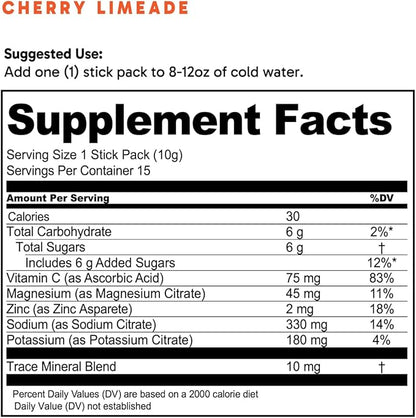 Hydrate Electrolyte Drink Mix | Cherry Limeade Flavor | NSF Certified | Electrolytes, Vitamin C, Magnesium, Zinc, Potassium | Used by Athletes & US Military | Boost Performance | 15 Packs