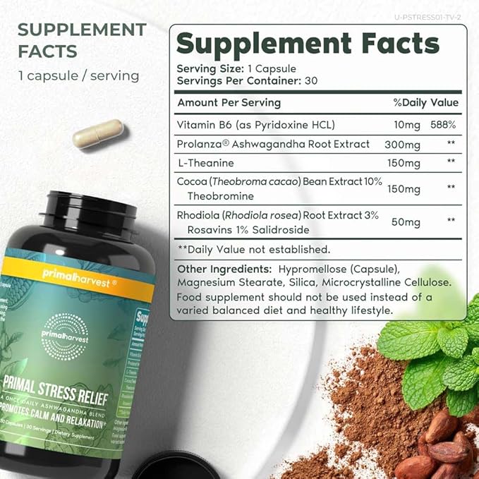 Primal Harvest Stress Relief Supplement for Women and Men Pure Ashwagandha Root Extract, L-Theanine Supplements, 30 Capsules