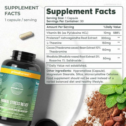 Primal Harvest Stress Relief Supplement for Women and Men Pure Ashwagandha Root Extract, L-Theanine Supplements, 30 Capsules