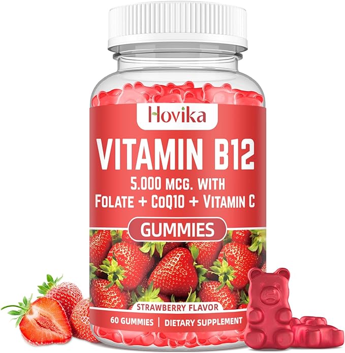 Vitamin B12 Complex 5000 mcg Methyl B12, Adenosyl B12 & Hydroxy B12, with Coenzyme Q10, Folate, Vitamin C, High Absorption Energy Gummies - Chewable B 12 for Energy Support and Bone Health - 60 Count