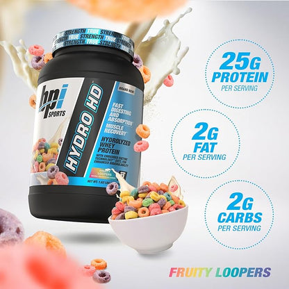 BPI Sports Hydro HD - 100% Hydrolyzed Whey Protein Powder - Muscle Growth, Recovery, 25g of Protein, Low Carb, Low Sugar, Fast Absorbing (68 Servings, Fruity Loopers)