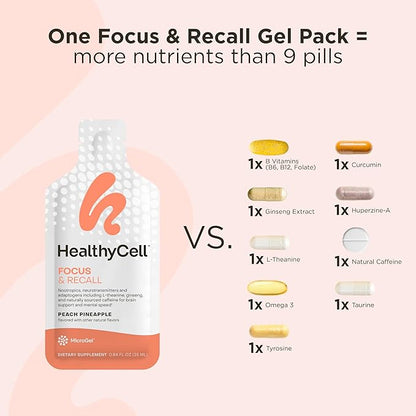 Healthycell Focus & Recall - Brain Supplement for Focus and Memory - Liquid Nootropics Supplement for Concentration & Alertness - L-theanine, Omega-3 - Maximum Absorption - 30 Gel Packs