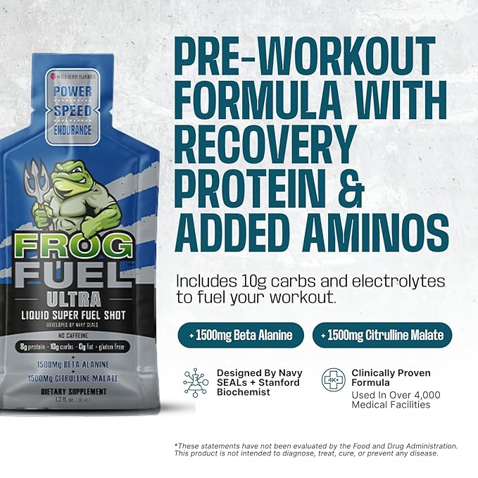 Frog Fuel Ultra Pre Workout Shot & Energy Gel with 1500mg Beta Alanine, Electrolytes 8g Protein Nano-Hydrolyzed Grass Fed Collagen, 10g Carbs, Gluten Free, Fat Free, Berry, 1.2 oz Packets, 24 Pack