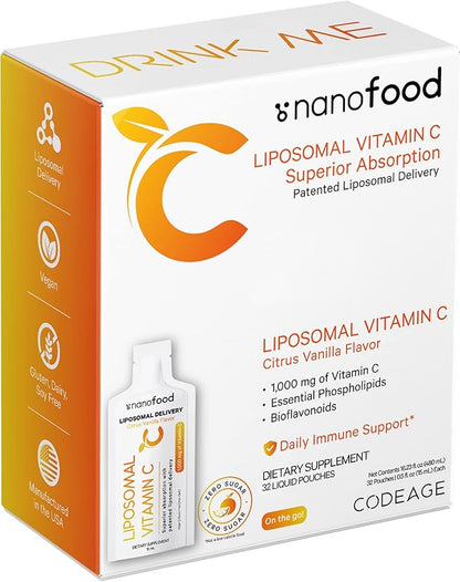 Codeage Liposomal Vitamin C Liquid 1000mg Vitamin C, 4000mg Essential Phospholipids, Supplement For Daily Immune Support, Liposomes For Absorption, Citrus Bioflavonoids, Vitamin E, Non-GMO, 32 Pouches