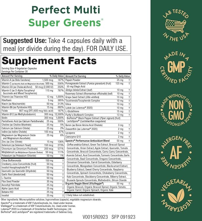 Purity Products Perfect Multi Super Greens Dietary Supplement Health Nutrition, 120 count
