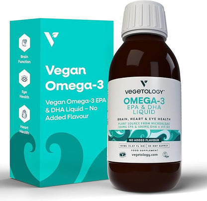 Vegan Omega 3 Supplements 150 ml (30-Day Supply) — Plant Source from Microalgae — EPA 300MG & DHA 500 MG + VIT D3 — Health Supplements for Heart, Eye & Brain Health (Unflavored)