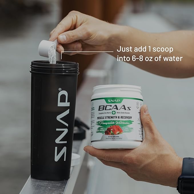 Snap BCAA Powder Essential Amino Energy Supplement with Nitric Oxide Booster - Watermelon Flavor - Pre Workout Powder, Recovery Supplements Post Workout, Muscle Strength & Performance (30 Servings)