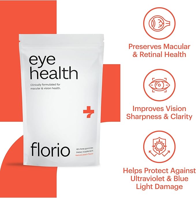 Florio Eye Health Gummy Vitamins for Adults, 2X Lutein & Zeaxanthin, Vitamins A, B2, B3, C & E, Preserve Macular & Retinal Health, Fights Oxidation, 30-Day Supply, Natural Peach Flavor