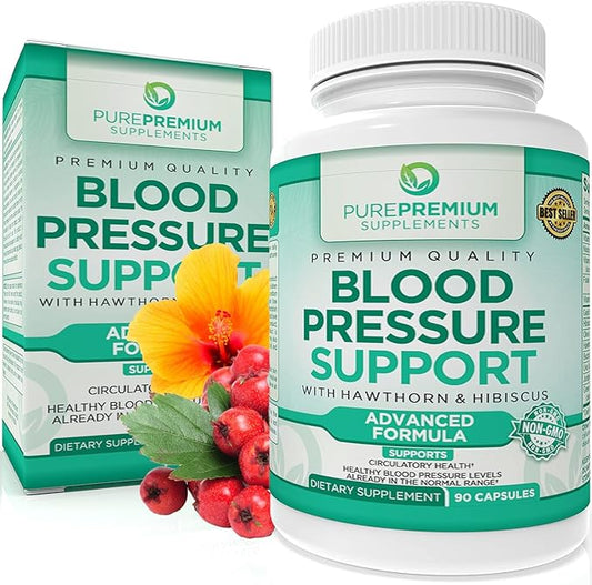 PurePremium Supplements Blood Pressure Supplements with Hawthorn Berry, Hibiscus - Nitric Oxide for Normal Blood Pressure Support w/Vitamin B12 - Garlic Supplements for Normal Nitric Oxide - 90 Caps
