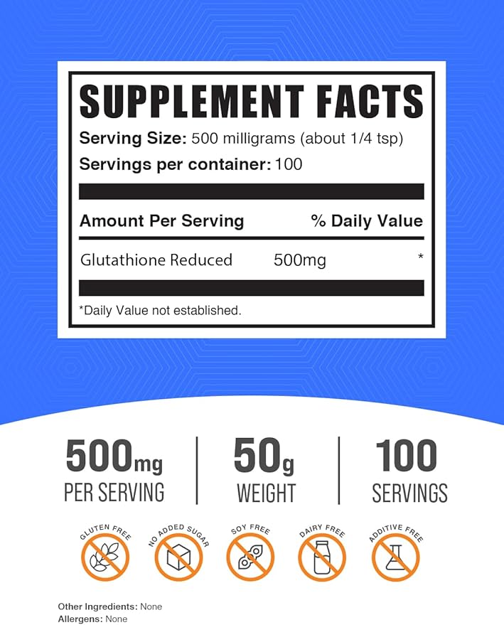 BulkSupplements.com Glutathione Reduced Powder - Glutathione Supplement, Reduced Glutathione Powder - Glutathione 500mg, Gluten Free, 500mg per Serving, 50g (1.8 oz) (Pack of 1)
