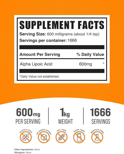 BulkSupplements.com Alpha Lipoic Acid Powder - ALA Supplement, Alpha Lipoic Acid 600mg - ALA Powder, Gluten Free - 600mg of Alpha-Lipoic Acid per Serving, 1kg (2.2 lbs) (Pack of 1)