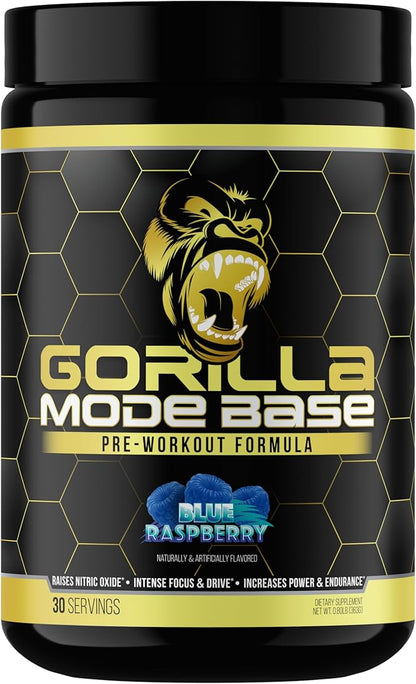Gorilla Mode Base Pre Workout - Raises Nitric Oxide · Intense Focus & Drive · Endurance · Power - L-Citrulline, L-Tyrosine, Betaine, Alpha-GPC, Caffeine, Huperzine A - 360 Grams (Blue Raspberry)