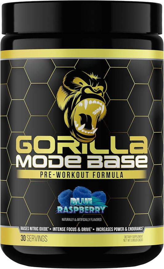 Gorilla Mode Base Pre Workout - Raises Nitric Oxide · Intense Focus & Drive · Endurance · Power - L-Citrulline, L-Tyrosine, Betaine, Alpha-GPC, Caffeine, Huperzine A - 360 Grams (Blue Raspberry)