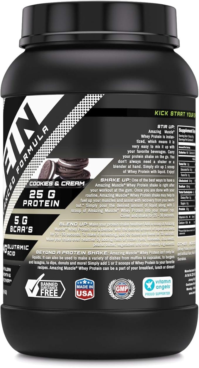 Amazing Muscle 100% Whey Protein Powder *Advanced Formula with Whey Protein Isolate Along with Ultra Filtered Whey Protein Concentrate (Cookie & Cream, 2 Lb)