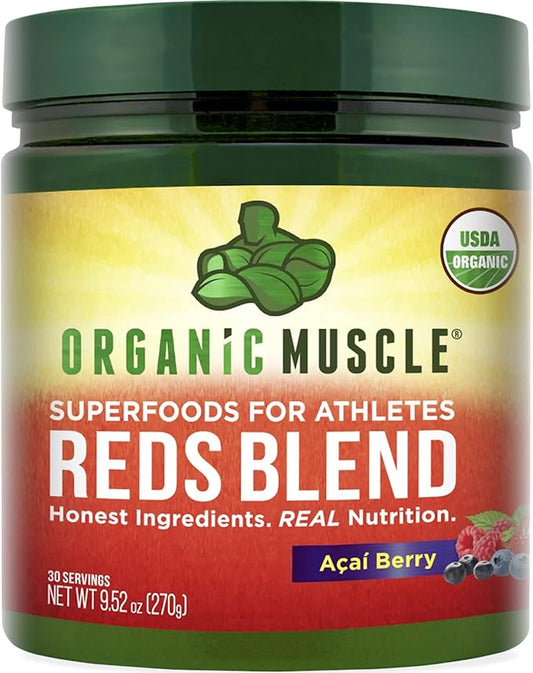 Organic Muscle Super Reds Powder - Organic Greens and Reds Superfood Powder with Organic Acai Berry, Pomegranate & Cranberry for Natural Energy & Metabolism Boost - Vegan & Non-GMO, 30 Servings