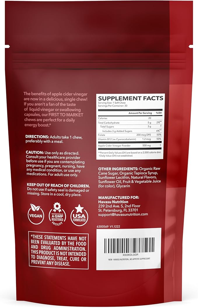 Apple Cider Vinegar Chews - Apple Cider Vinegar Supplements for Energy Management - Enhanced with Vitamin B12 and Folate - ACV Chews - 1 Month Supply Individually-Wrapped Chews