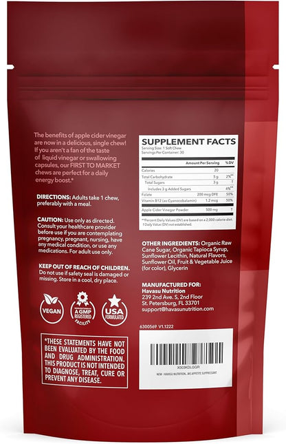 Apple Cider Vinegar Chews - Apple Cider Vinegar Supplements for Energy Management - Enhanced with Vitamin B12 and Folate - ACV Chews - 1 Month Supply Individually-Wrapped Chews