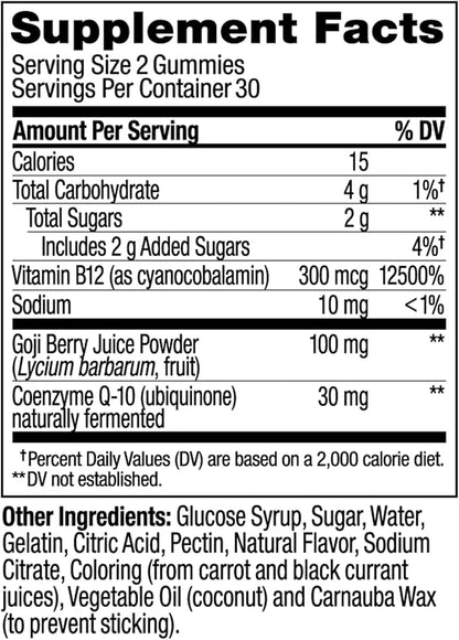 OLLY Daily Energy Gummy, Caffeine Free, Vitamin B12, CoQ10, Goji Berry, Adult Chewable Supplement, Tropical Flavor - 60 Count