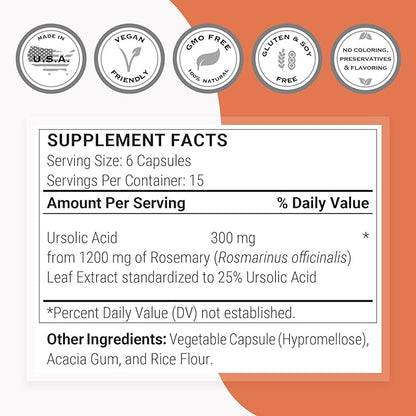 Supersmart - Ursolic Acid 300mg per Day (Well-Tolerated) - Rosemary Leaf Extract Supplement | Non-GMO & Gluten Free - 90 Vegetarian Capsules