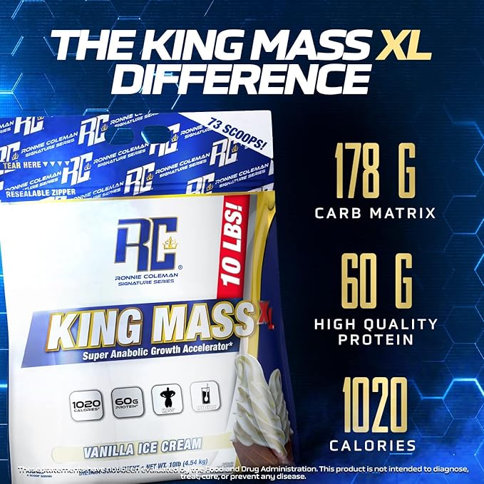 Ronnie Coleman Signature Series King Mass XL Mass Gainer Protein Powder, Muscle Gainer, 60g Protein, 180g Carbohydrates, 1,000+ Calories, Creatine and Glutamine, Cookies N' Cream, 10 Pound