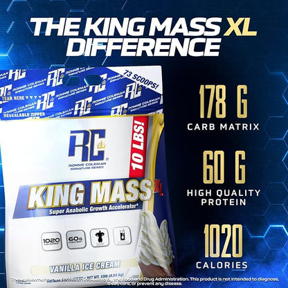 Ronnie Coleman Signature Series King Mass XL Mass Gainer Protein Powder, Muscle Gainer, 60g Protein, 180g Carbohydrates, 1,000+ Calories, Creatine and Glutamine, Dark Chocolate, 10 Pound