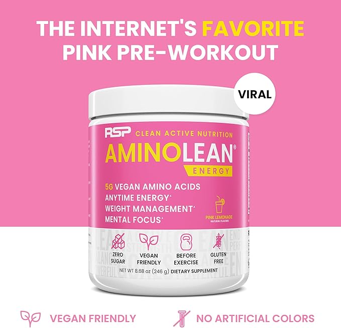 RSP NUTRITION AminoLean Pre Workout Powder, Amino Energy & Weight Management with Vegan BCAA Amino Acids, Natural Caffeine, Preworkout Boost for Men & Women, 30 Serv, Pink Lemonade…