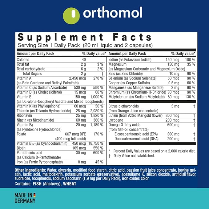 Orthomol Vital M Vial – 30-Day Men's Vitamin Supplement with A, B, C, D, E, K, Iodine & Omega-3 – Supports Male Energy & Vitality
