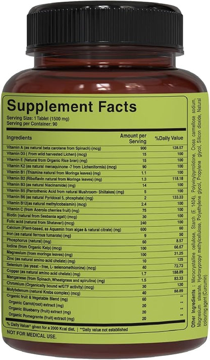 Pure Nutrition Whole Food Multivitamins for Women 1500mg. All Natural Plant-Based Multivitamin - Non GMO | Once Daily | 90 Tablets - 3 Months Supply