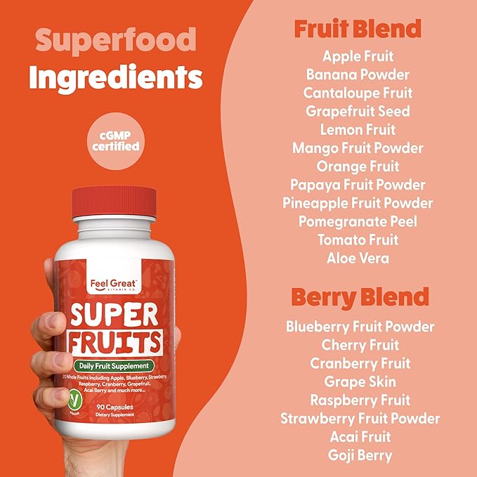 Feel Great Fruit and Vegetable Supplements | 20+ Super Reds & Greens for Natural Energy Support | Vegan Fruit and Veggie Vitamins | 2 Pack of 90 Count Each