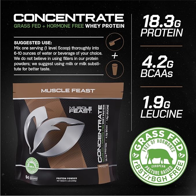 Muscle Feast Grass-Fed Whey Protein Concentrate Powder, All Natural Hormone Free Pasture Raised, Chocolate, 5lb