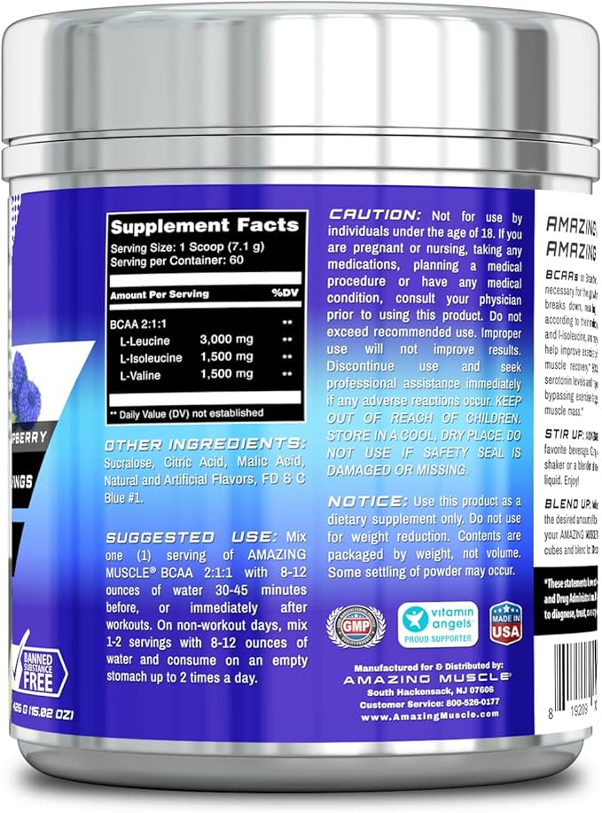 BCAA 2:1:1 Branched Chain Amino Acids Supplement | 6000 Mg Per Serving | 60 Servings Per Bottle | Blue Raspberry Flavor