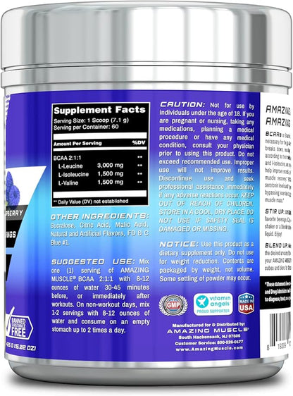 BCAA 2:1:1 Branched Chain Amino Acids Supplement | 6000 Mg Per Serving | 60 Servings Per Bottle | Blue Raspberry Flavor
