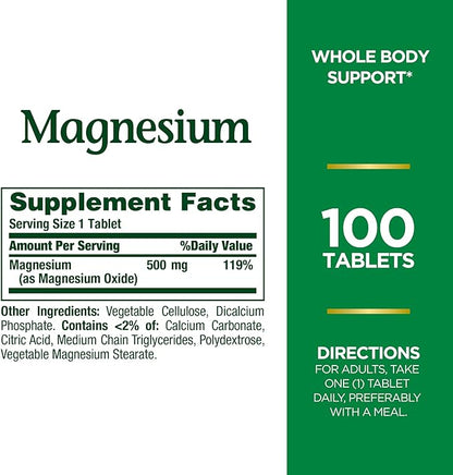 Nature's Bounty Magnesium, Mineral Supplement, Supports Bone and Muscle Health, 500 mg, Coated Tablets, 100 Count