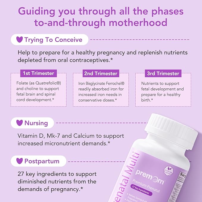Premom Prenatal Vitamins for Women - Conception for Her Multivitamin: 27 Nutrients, Includes Methyl Folate + Choline + Iron, Traceable Ingredients, Fertility Supplements for Women, Vegan, Non-GMOs