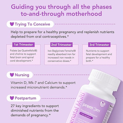 Premom Prenatal Vitamins for Women - Conception for Her Multivitamin: 27 Nutrients, Includes Methyl Folate + Choline + Iron, Traceable Ingredients, Fertility Supplements for Women, Vegan, Non-GMOs