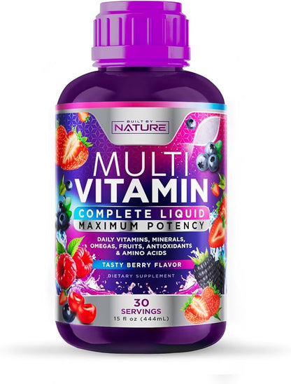 Liquid Multivitamin for Women, Men, and Kids - Liquid Vitamins Supplement for Adults - Natural Multimineral - Vegan, Non-GMO, Gluten Free, Sugar Free – Delicious Berry Flavor - 15 Fl Oz, 30 Servings