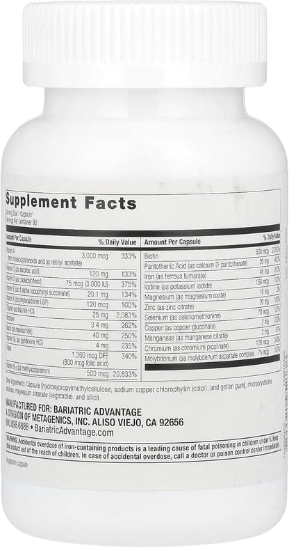Bariatric Advantage Ultra Solo with Iron Daily Multivitamin for Gastric Bypass Surgery and Sleeve Gastrectomy Patients, Includes Vitamin B12, C, D, K, Thiamin and Copper - 90 Count